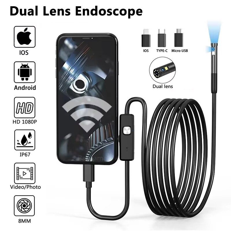 Dual Lens Endoscope Camera with Light 1920P Borescope Camera for iPhone 17/16/15
