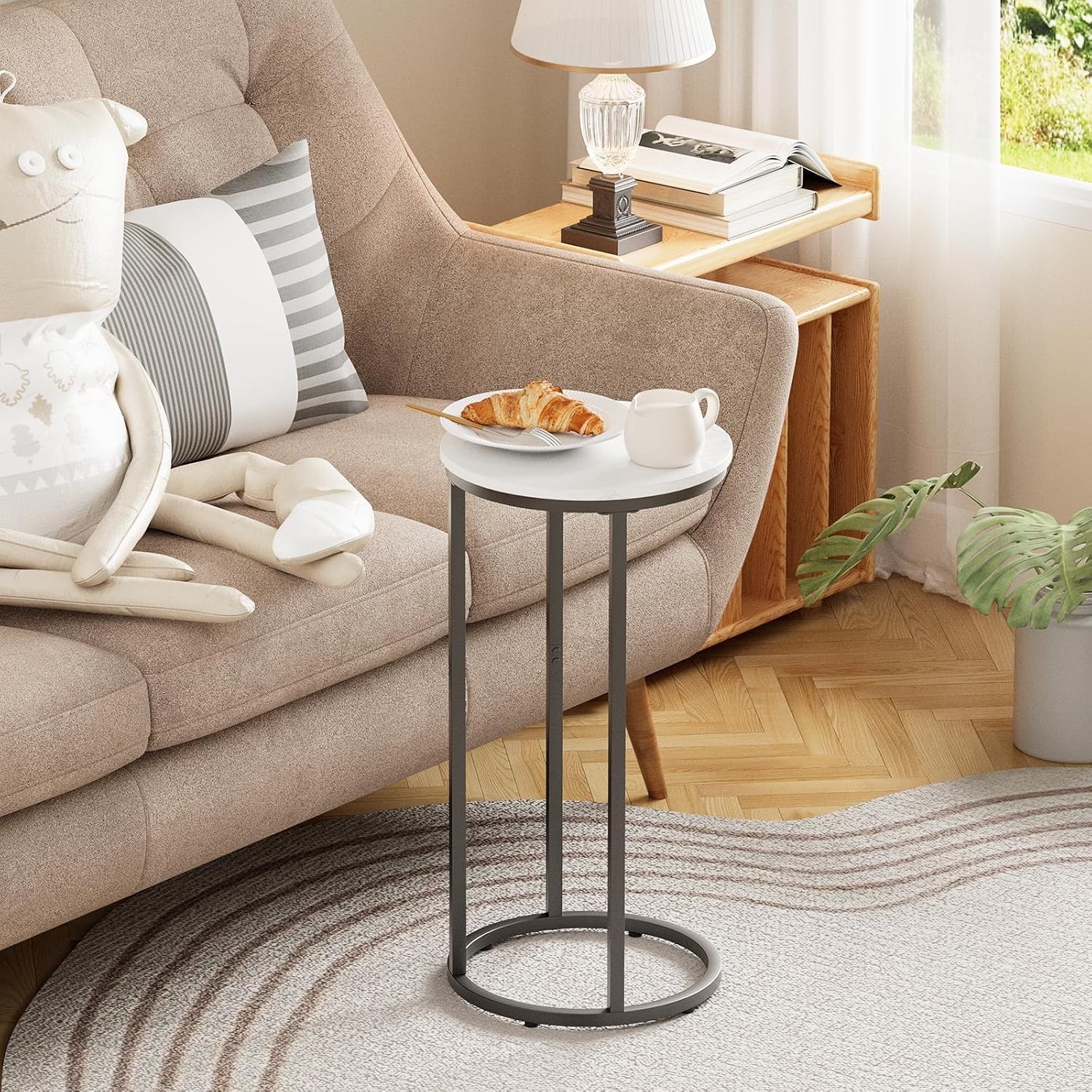 C Shaped End Table Couch Side Tables Livingroom Round Sofa End Table W/ Metal