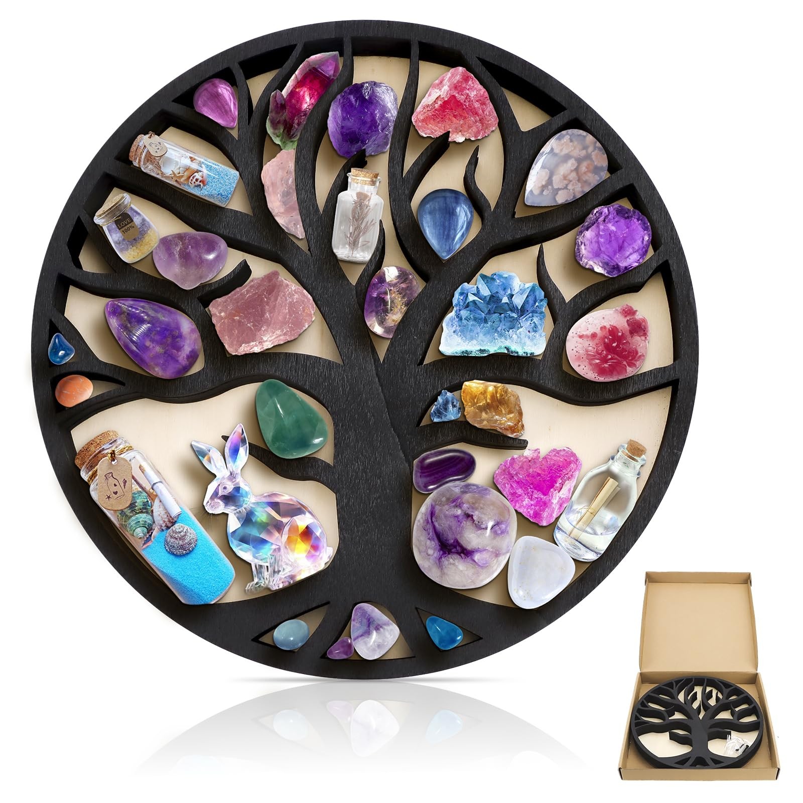 Crystal Display Shelf, Wooden Tree of Life Trinket Holder, Decorative Boho Ho...