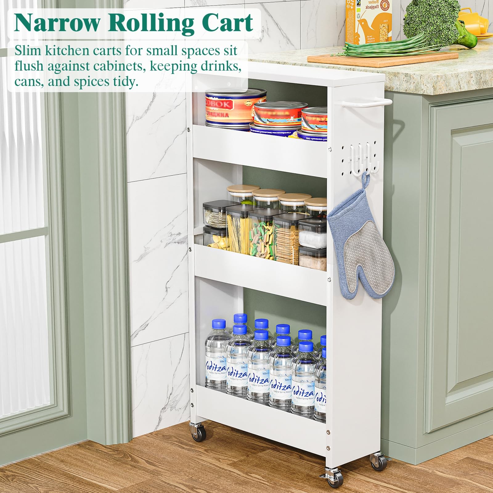 4 Tier Rolling Kitchen Storage Cart 5.9in Width White Carts Slim Wheels Small