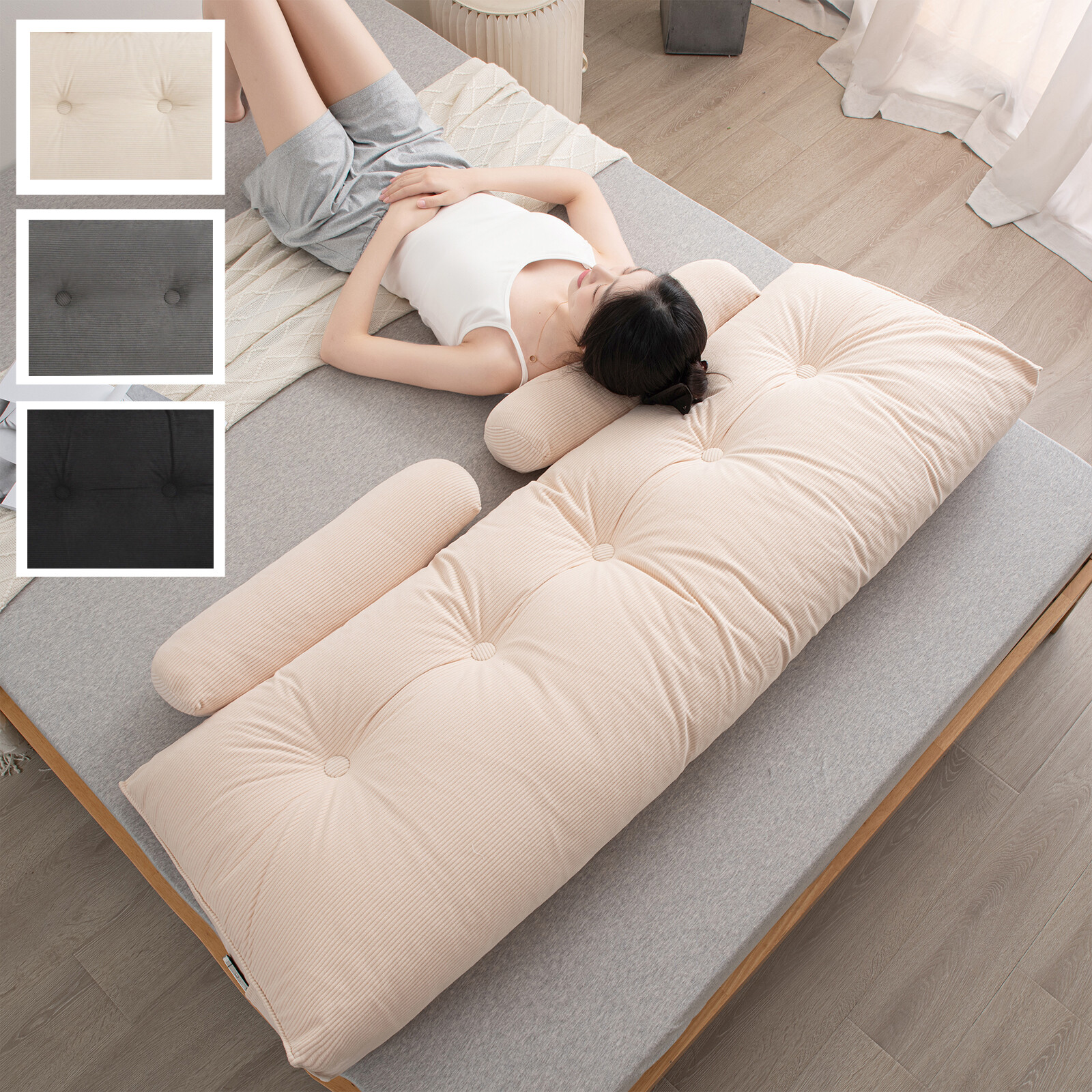 Corduroy Headboard Reading Pillow w/ Neck Roll Backrest Cushion Twin Queen King