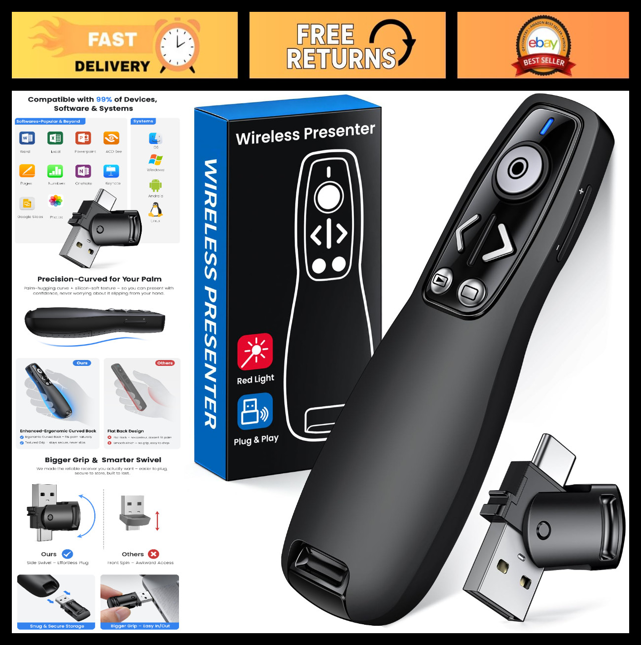 Wireless Presentation Clicker with USB-A & USB-C Receiver, Remote Control for Po