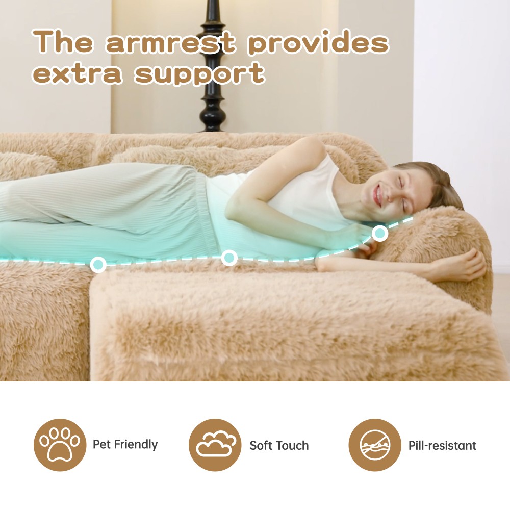 L-Shaped Plush Modular Sofa w/Ottoman, Light Khaki, No Assembly