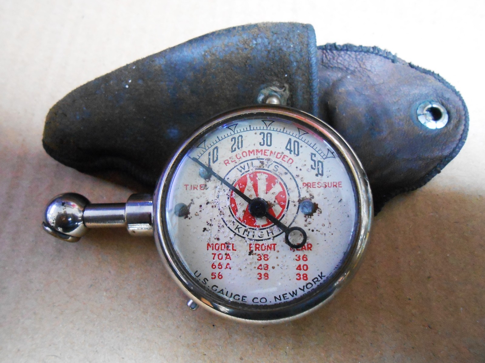 Antique 1927 WILLYS KNIGHT  Tire Gauge Vintage Leather Snap Pouch