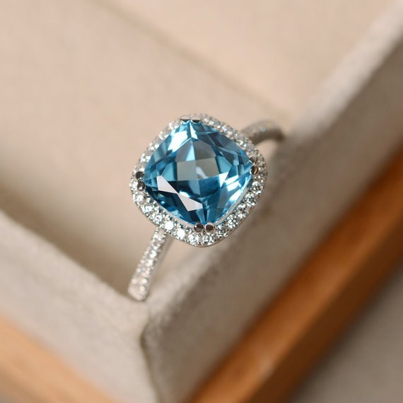 2.70 Ct Cushion Natural Blue Topaz Diamond Anniversary Ring 14K Solid White Gold