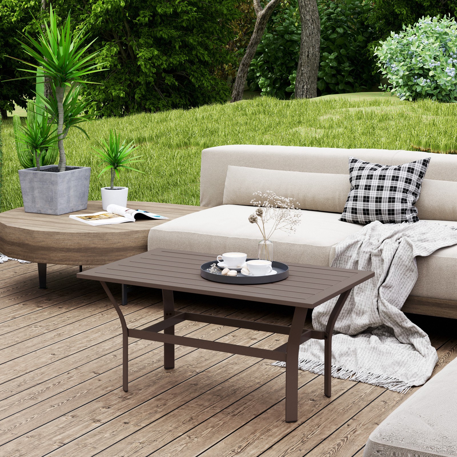 36in Metal Outdoor Coffee Table Rectangular Slatted Patio Table Brown