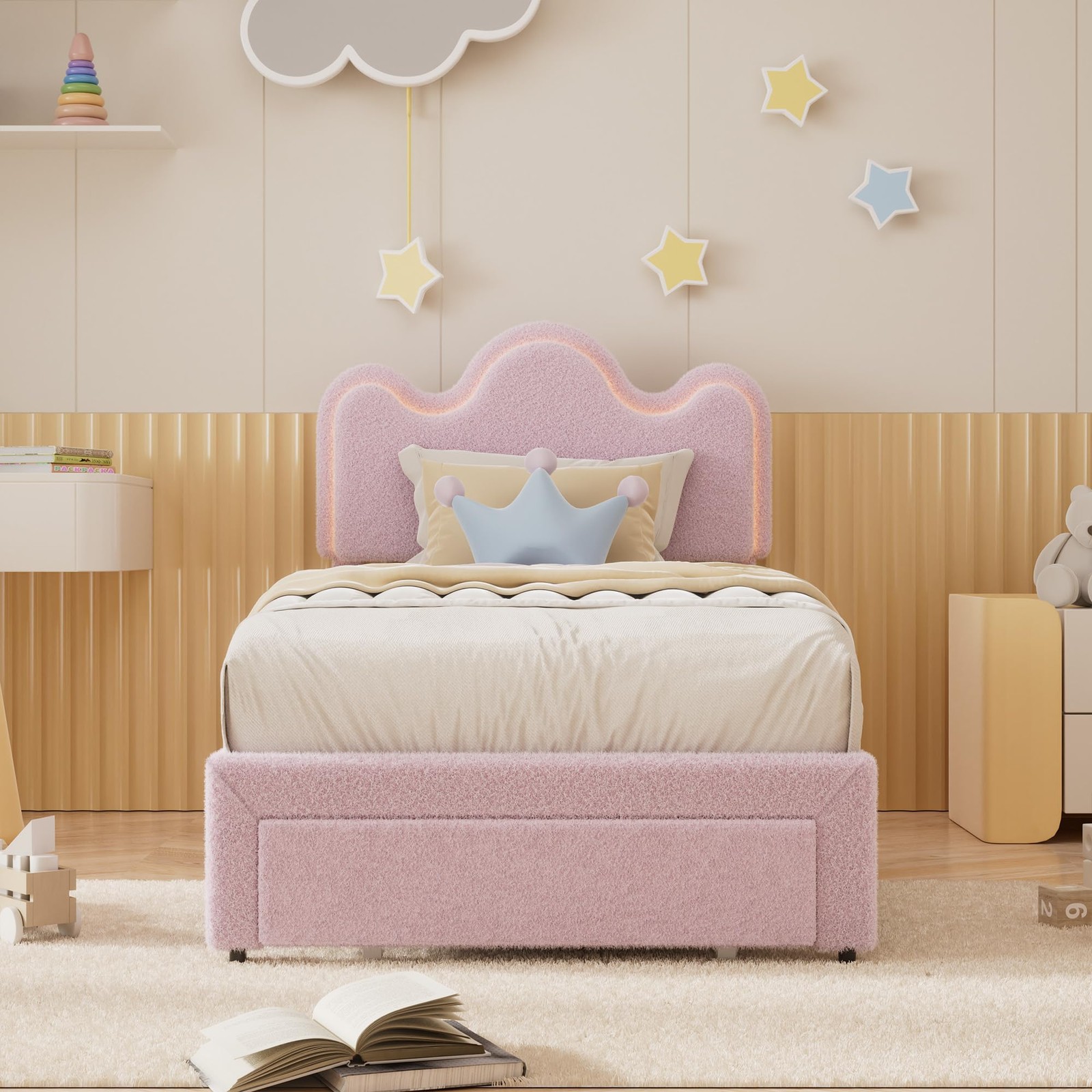 Twin Size Bed Frame with Flower Headboard Upholstered LED Platform Bed & Drawer