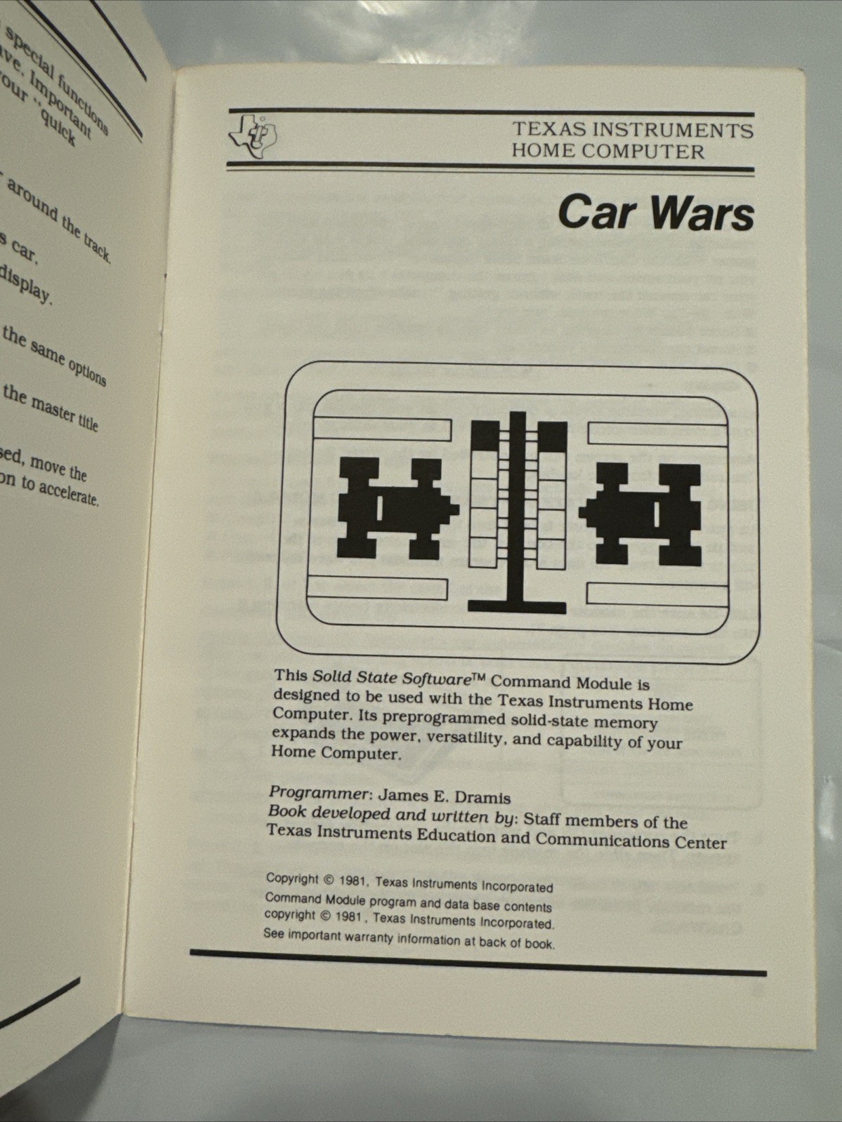 Vintage Texas Instruments TI-99/4A Car Wars Game Manual Command Module ONLY!