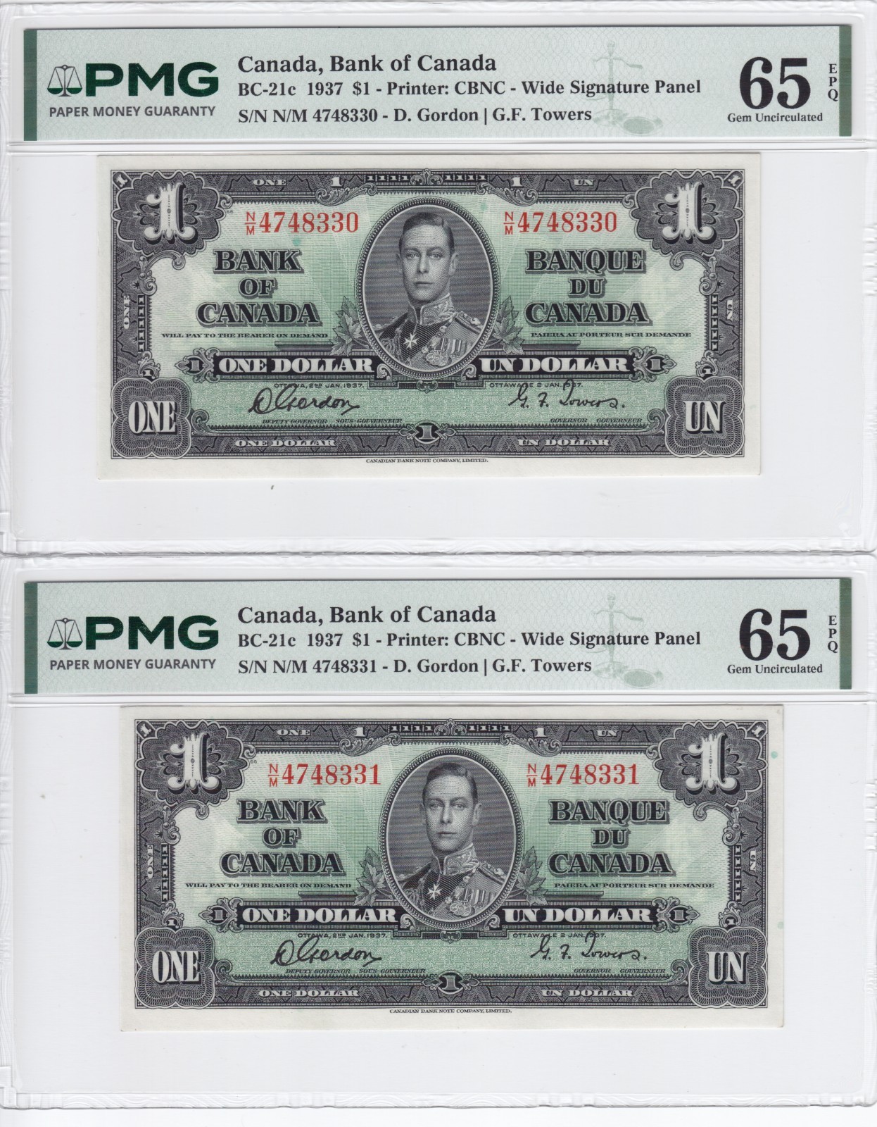 Consecutive Pair 1937 Bank of Canada $1 Notes BC-21d PMG CU65 EPQ Y/M 266 & 267