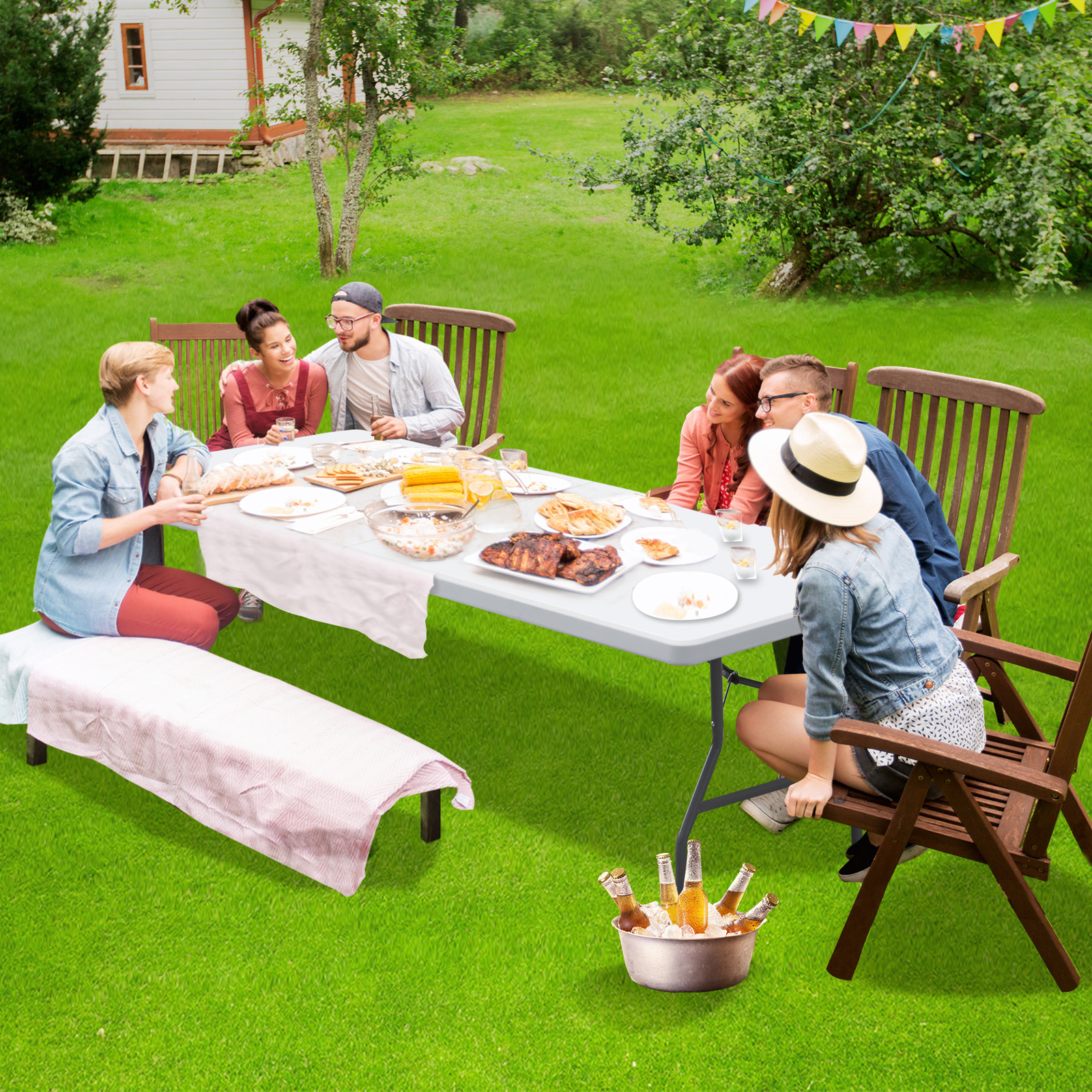 2PCS 8' Folable Camping Table w/Handle Lock Dining Table Picnic Camping Table