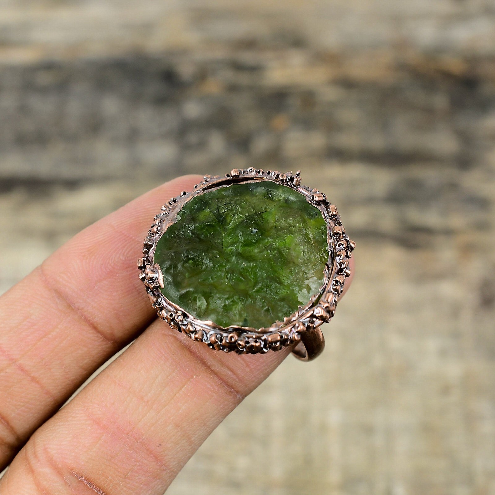 Moldavite Electroformed Solitaire Adjustable Ring Size Adjustable Copper