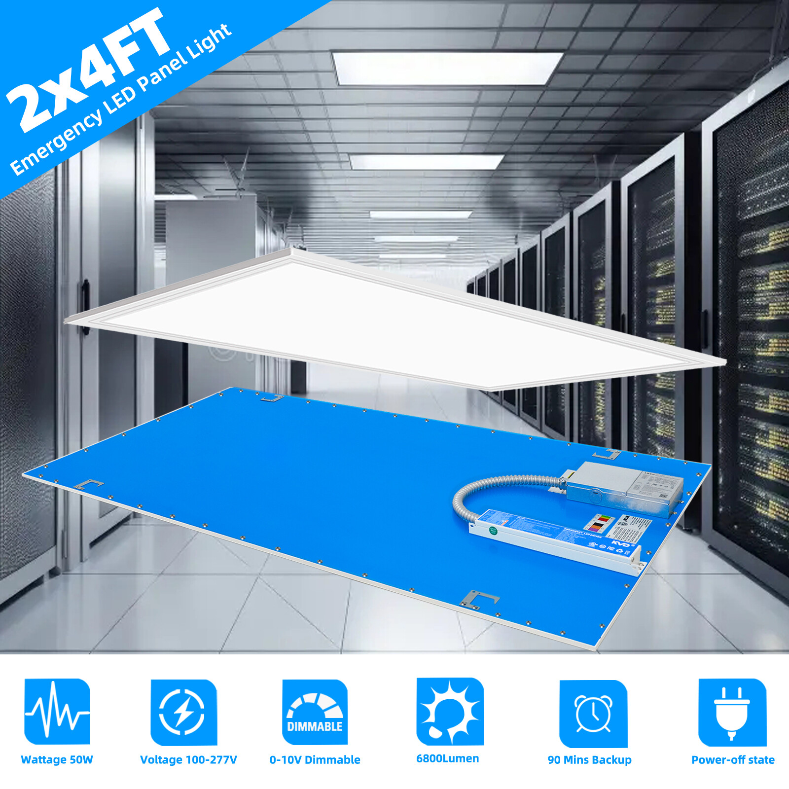 2 Pack 2X4 LED Flat Panel Light with Emergency Battery Backup 50W Ceiling Lights