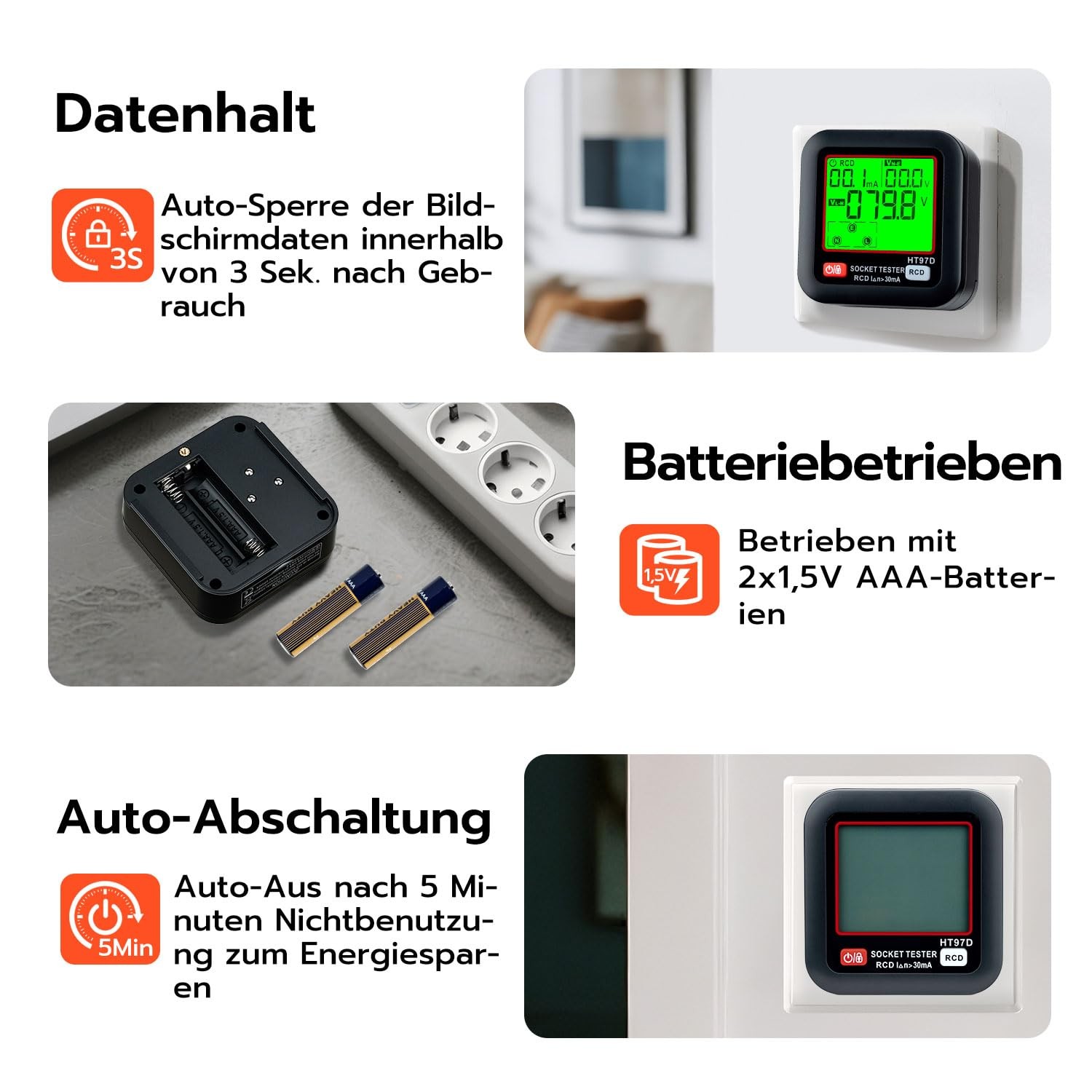 Socket Tester, Socket Tester with RCD Test and LCD Voltage Display, 6 Ar...