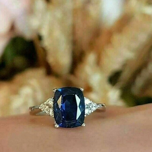 14K White Gold Plated Lab Created Sapphire Women Engagement Ring 3Ct Cushion Cut