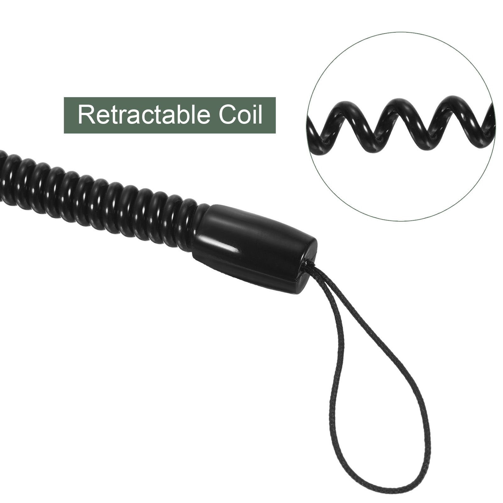5 Pack Retractable Spring Coil Strap, Plastic Keys Holder (BLack, 5-inch)