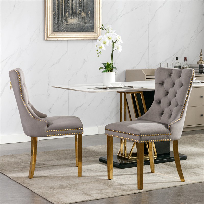 Set of 2 High-end Tufted Velvet Upholstered Dining Chairs with Golden Steel Legs