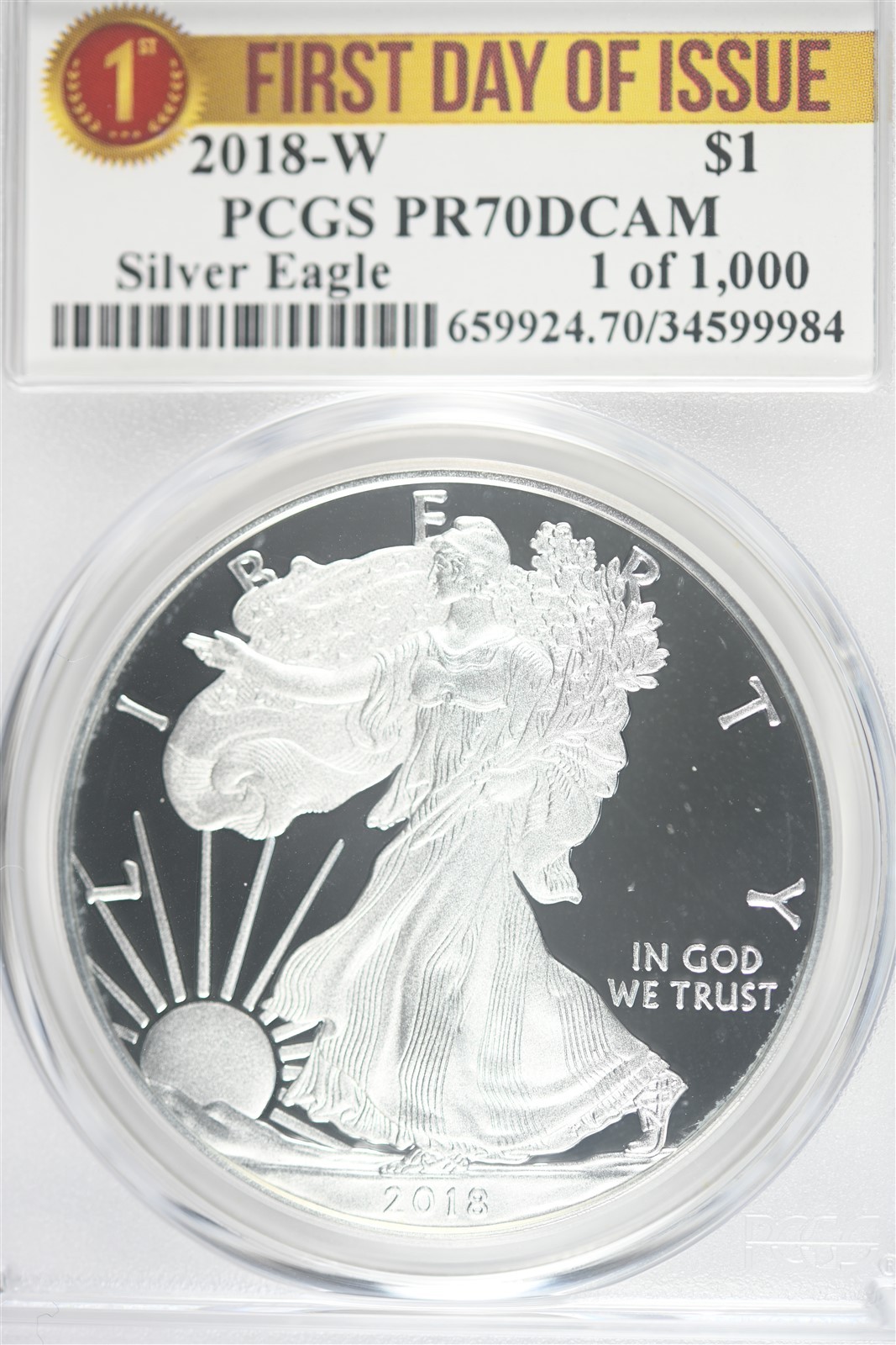 2018 W 1oz Silver Eagle PCGS PR70 DCAM - First Day of Issue - 1 of 1000