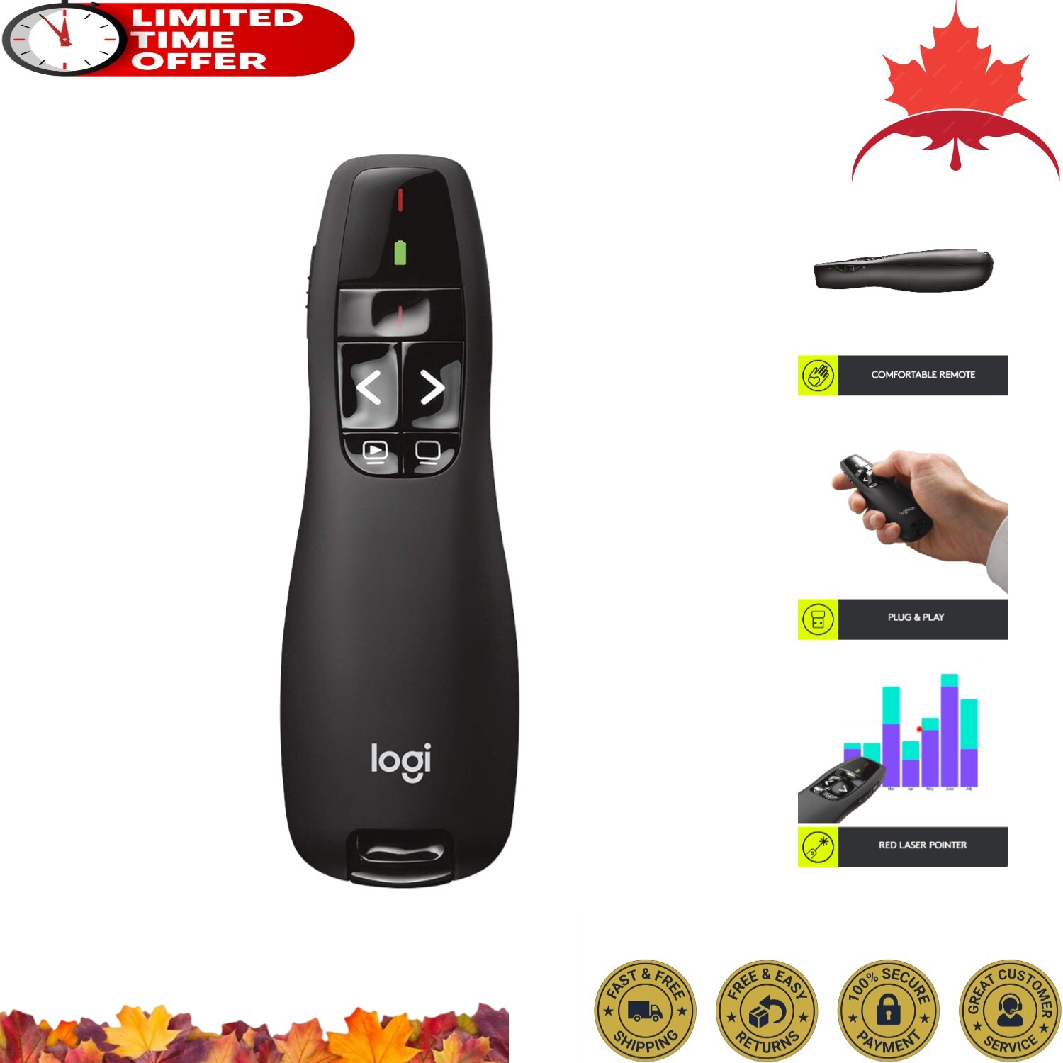 Wireless Presenter - Red Laser Pointer - 50ft Range - Intuitive Touch-Keys