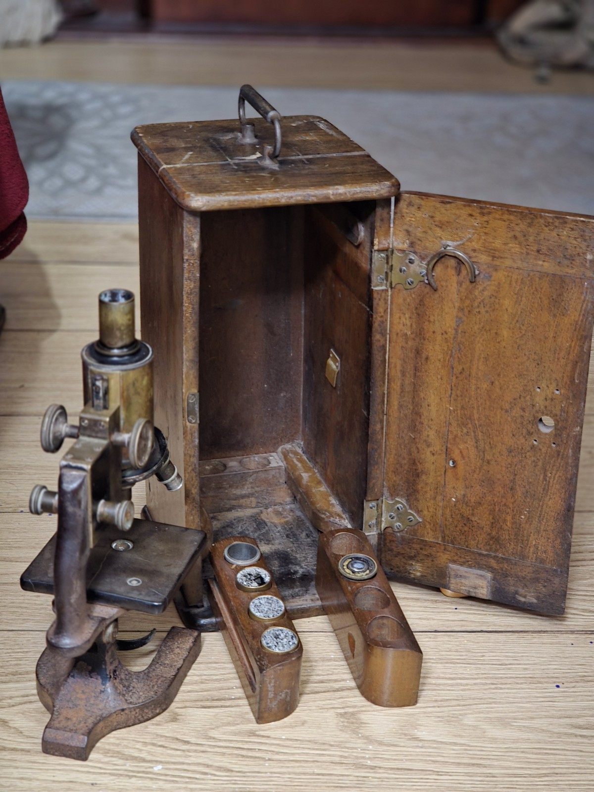 1900s Bausch & Lomb Brass Monocular Scientific Microscope & Wood Case