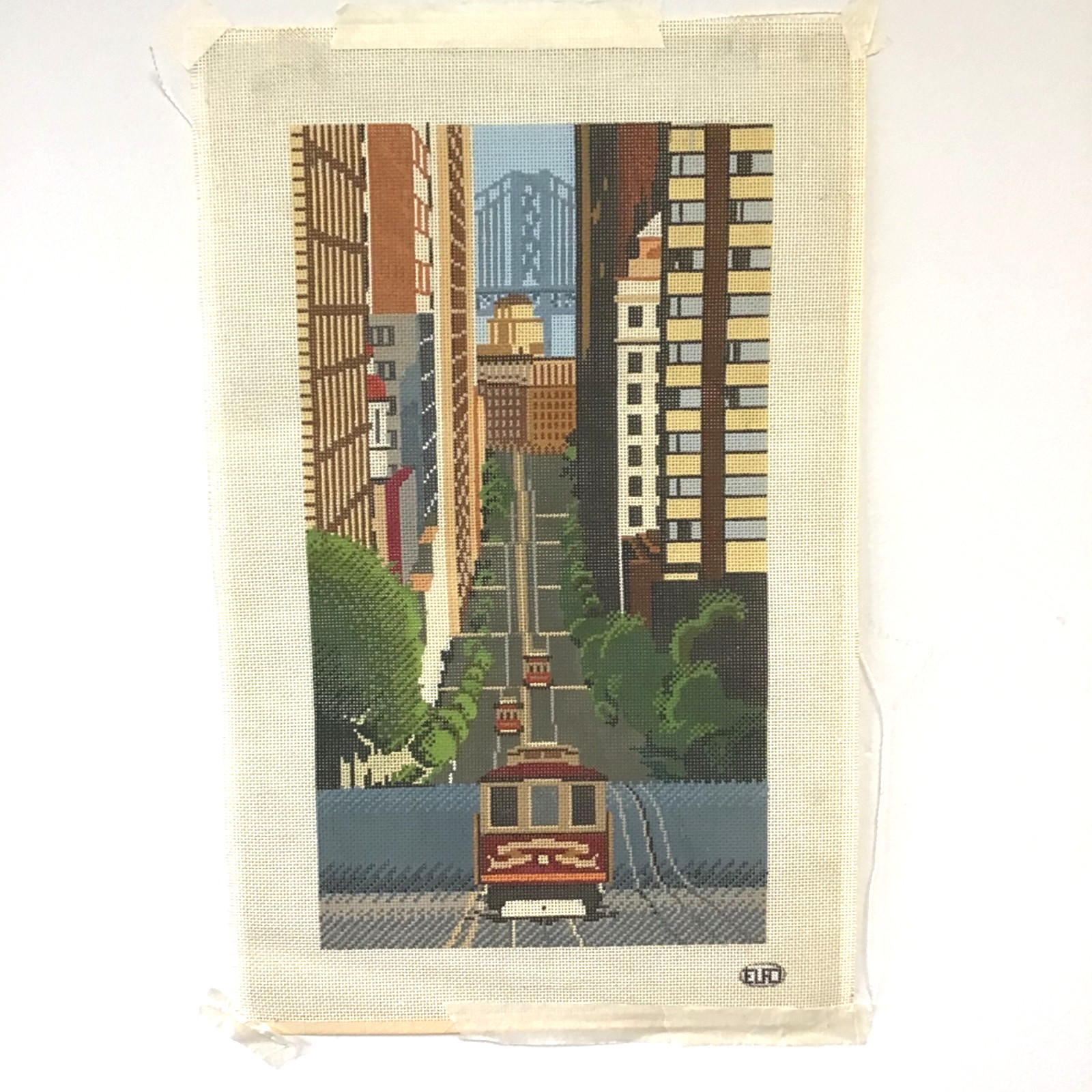 handpainted Vtg Needlework canvas San Francisco Street Cable Car 10" x 18"