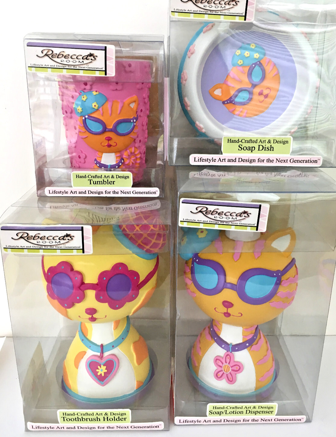 4pc KITTY CAT bath set  Lotion Toothbrush Tumbler Dish NEW Rebecca's Room