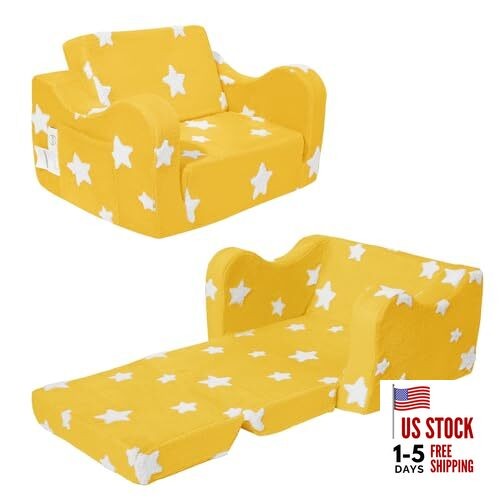 Toddler Couch, Kids Couch for Toddler Fold Out, 2-in-1 Convertible Kid Yellow
