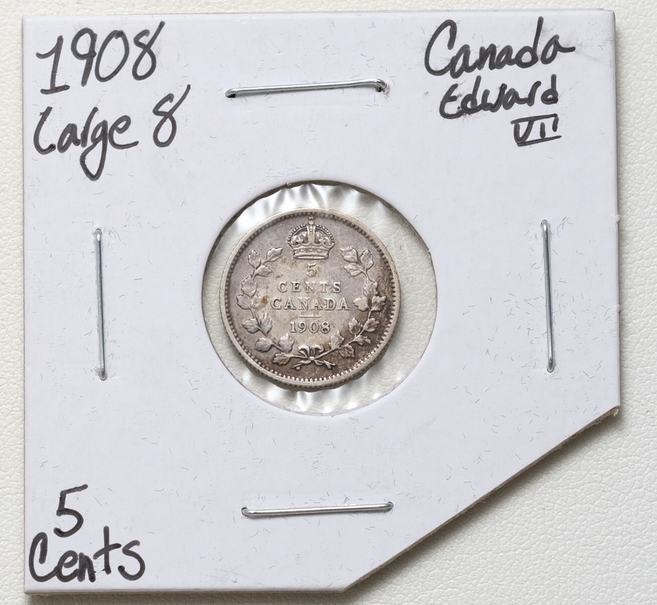 1908 Large 8 Canada Silver 5 Cents King Edward VII Coin
