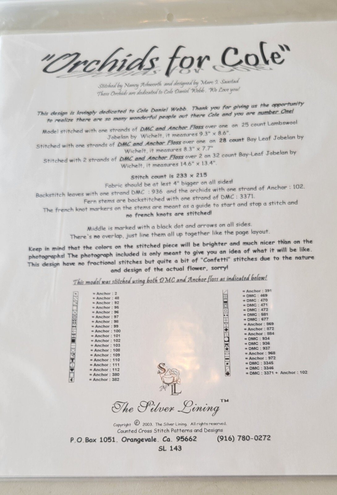 Orchids for Cole by Silver Lining Cross Stitch Pattern