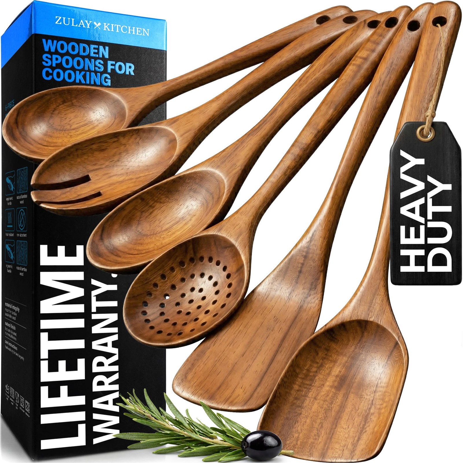 Zulay Kitchen 6 Piece Wooden Spoons for Cooking - Natural Teak Wooden Utensil Se