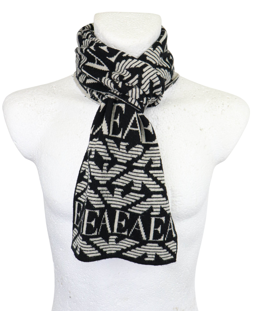 EMPORIO ARMANI Scarf Men's ONE SIZE Monogram Black/White Wool Blend Knitted