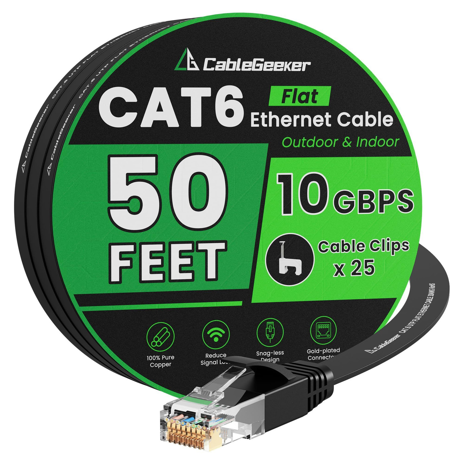 Cat 6 Ethernet Cable 50 ft, Indoor&Outdoor, High 50ft, Black-Flat-Copper