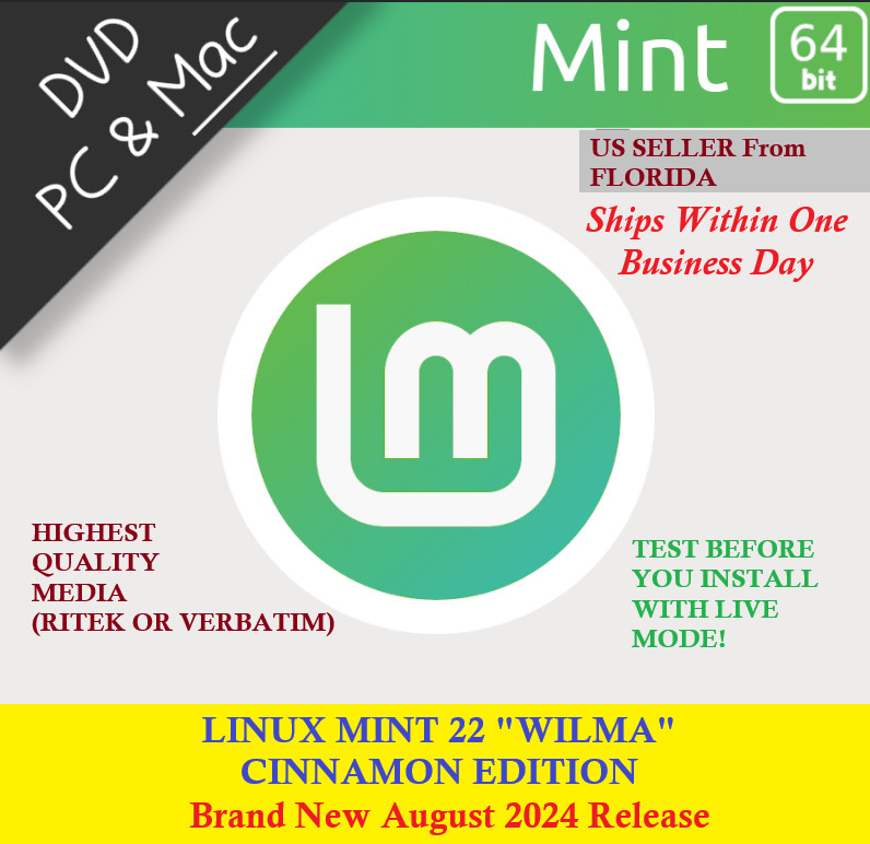 Linux Mint 22 "Wilma" Cinnamon Live DVD Bootable x86-64 New Release Aug 2024