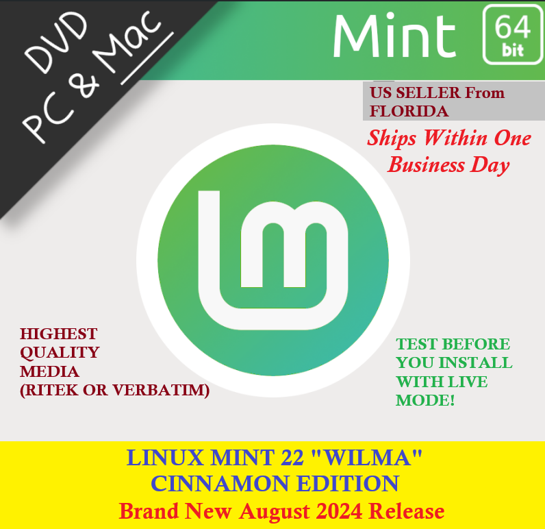 Linux Mint 22 "Wilma" Cinnamon Live DVD Bootable x86-64 New Release Aug 2024