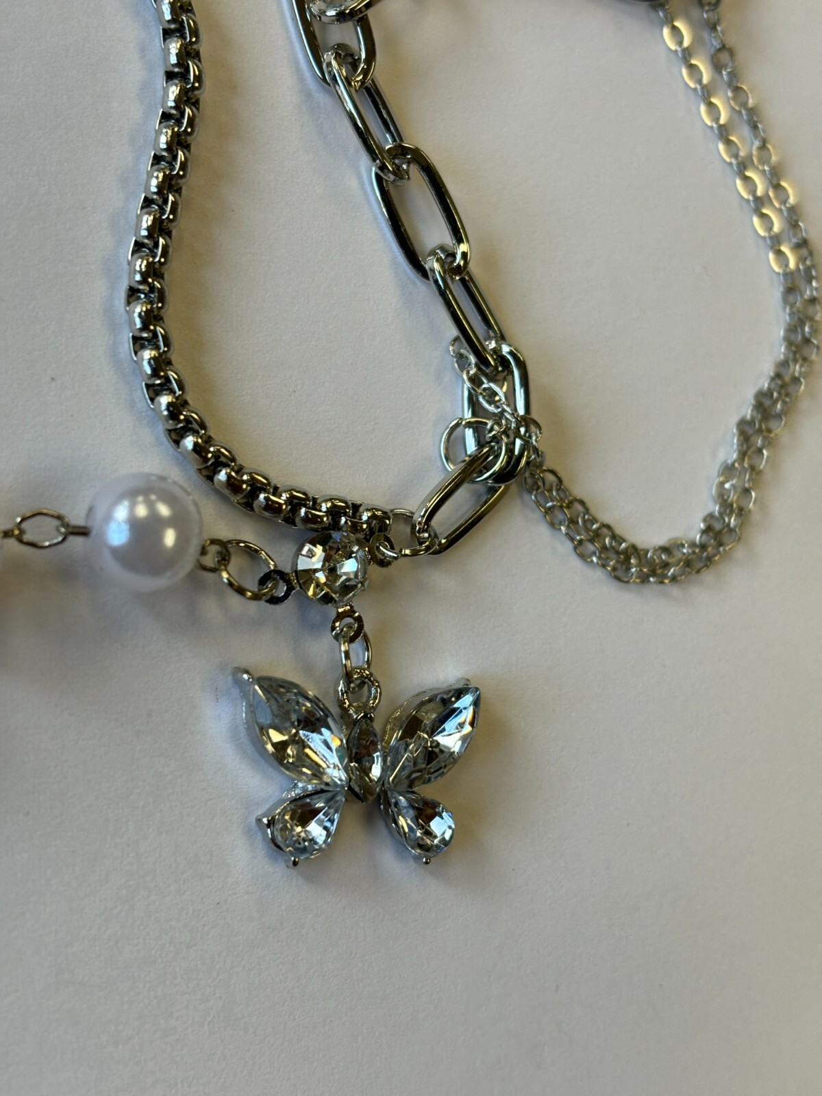 Dual Chain Pearl Enchanted Glass Butterfly