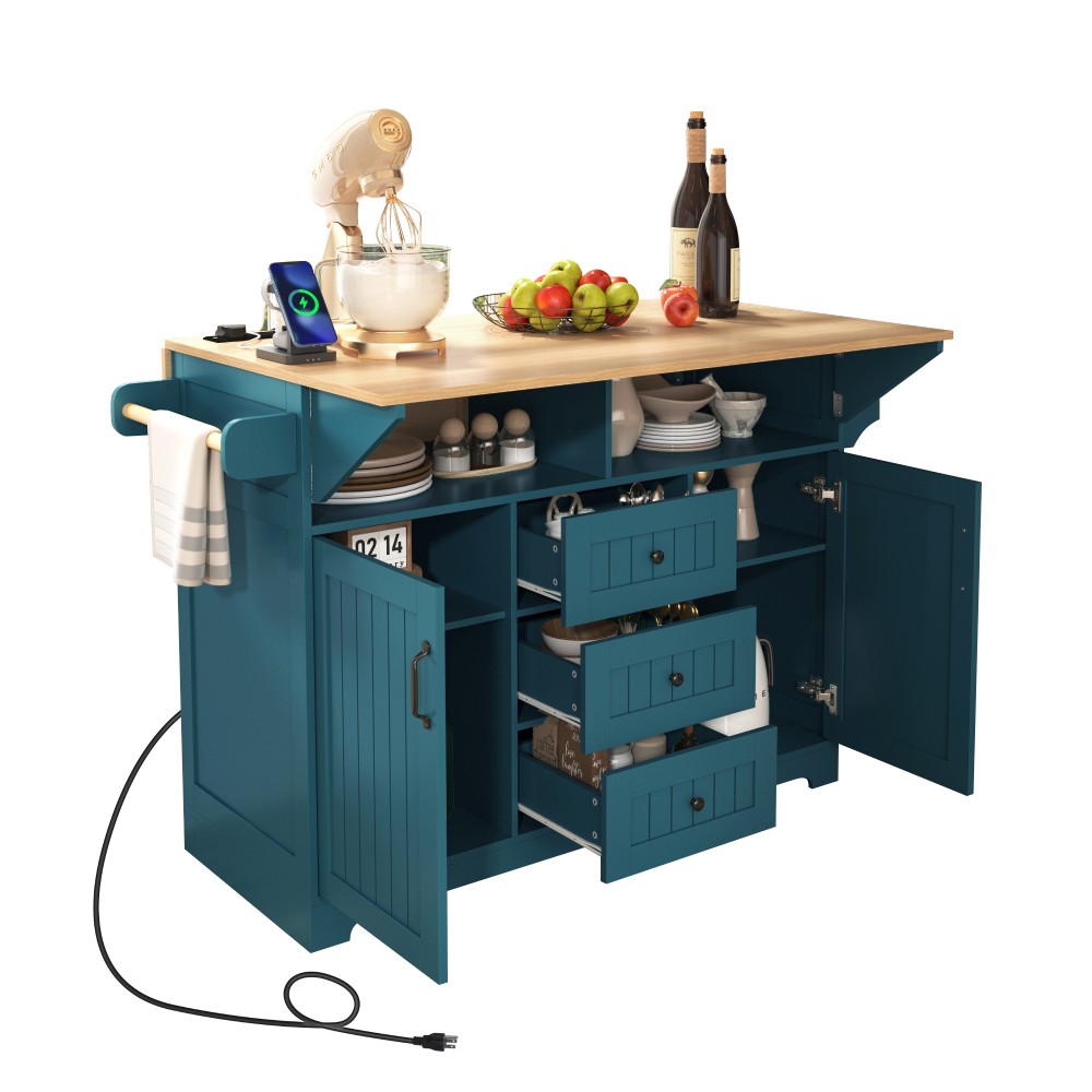 55.7'' Large Kitchen Island with 2 Drop Leaf,, Rolling Kitchen Cart on 5 Wheels
