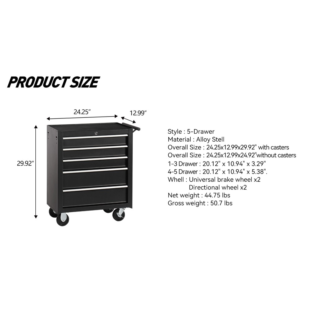 Tool Organizer Wheels Box with 5 Drawer Lock & Key, Top Cushion & Drawer Liners
