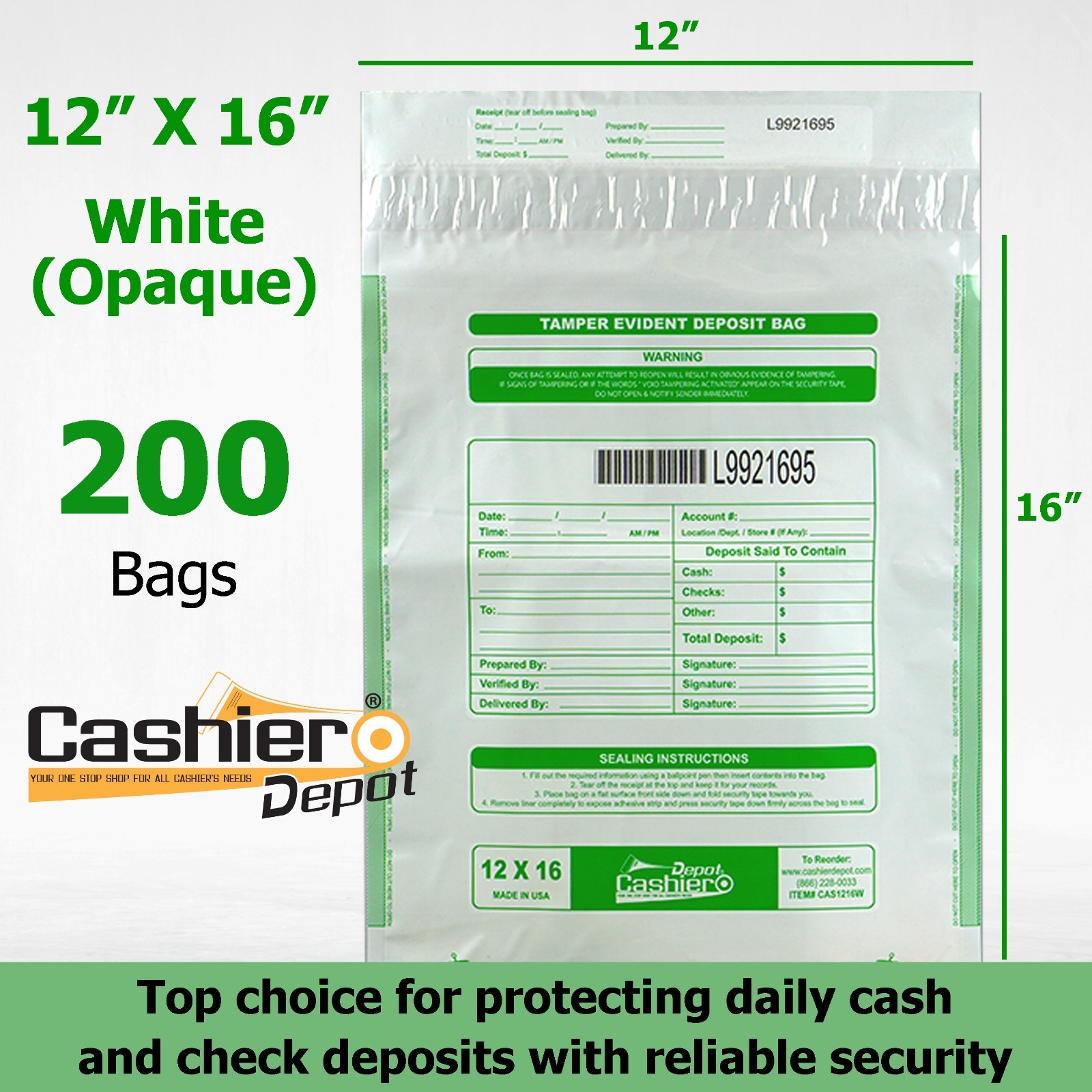 200 Tamper Evident Bank Deposit Bags, 12" x 16" White Opaque, Made in USA