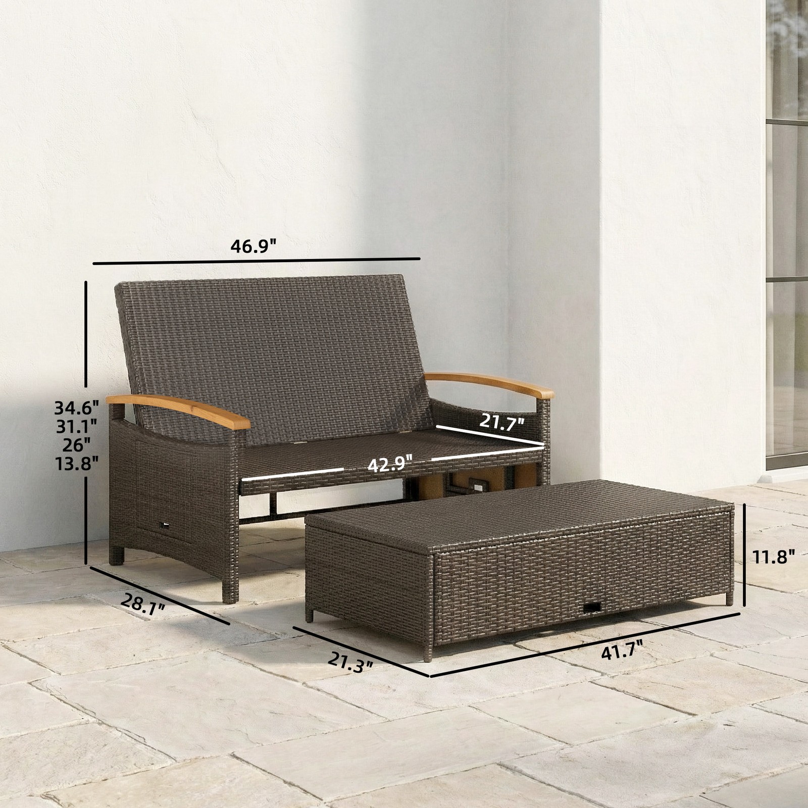 Outsunny Rattan Outdoor Daybed w/4-Level Adjustable Backrest, Navy Blue