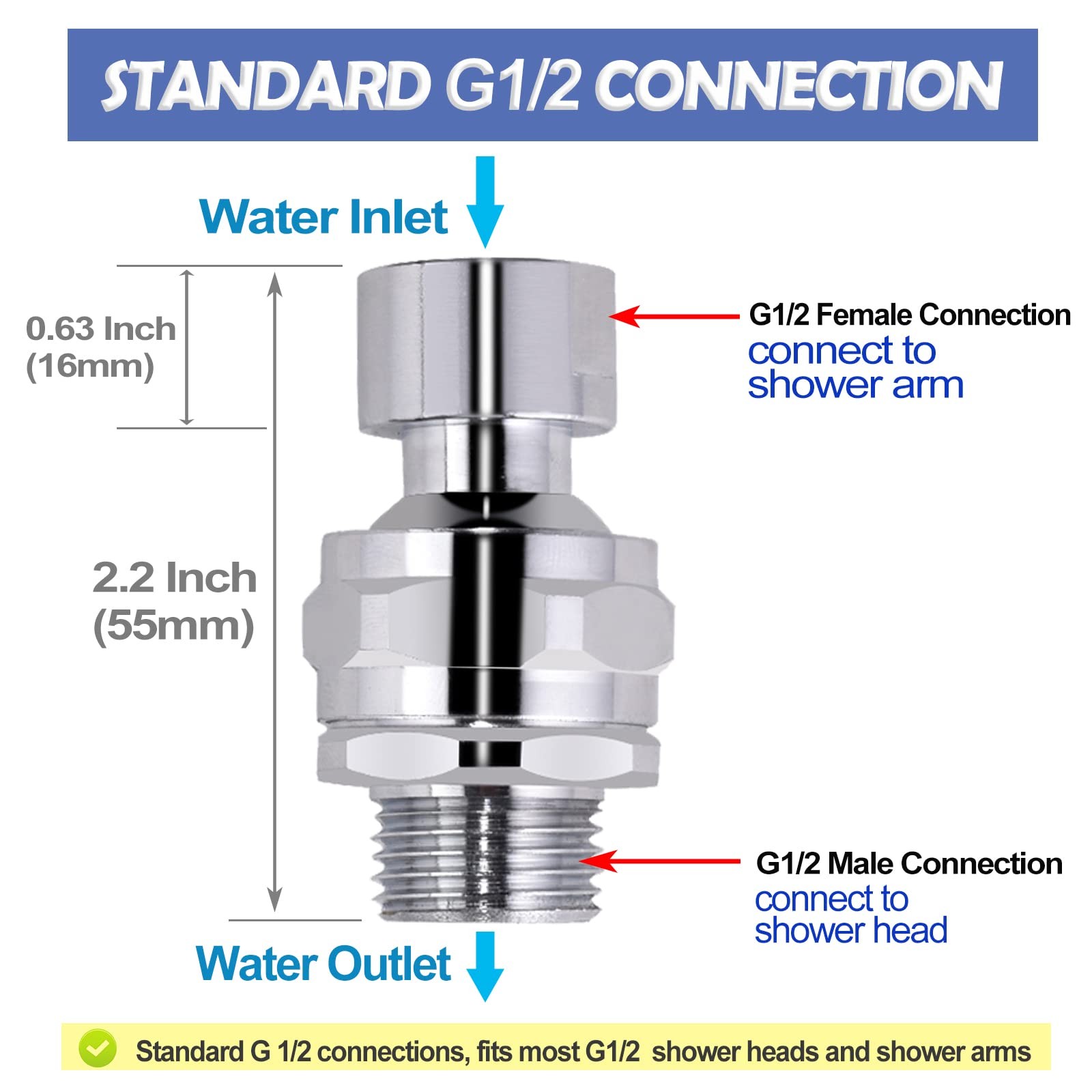 Shower Head Swivel Ball Adapter Brass Adjustable Arm Connector Chrome