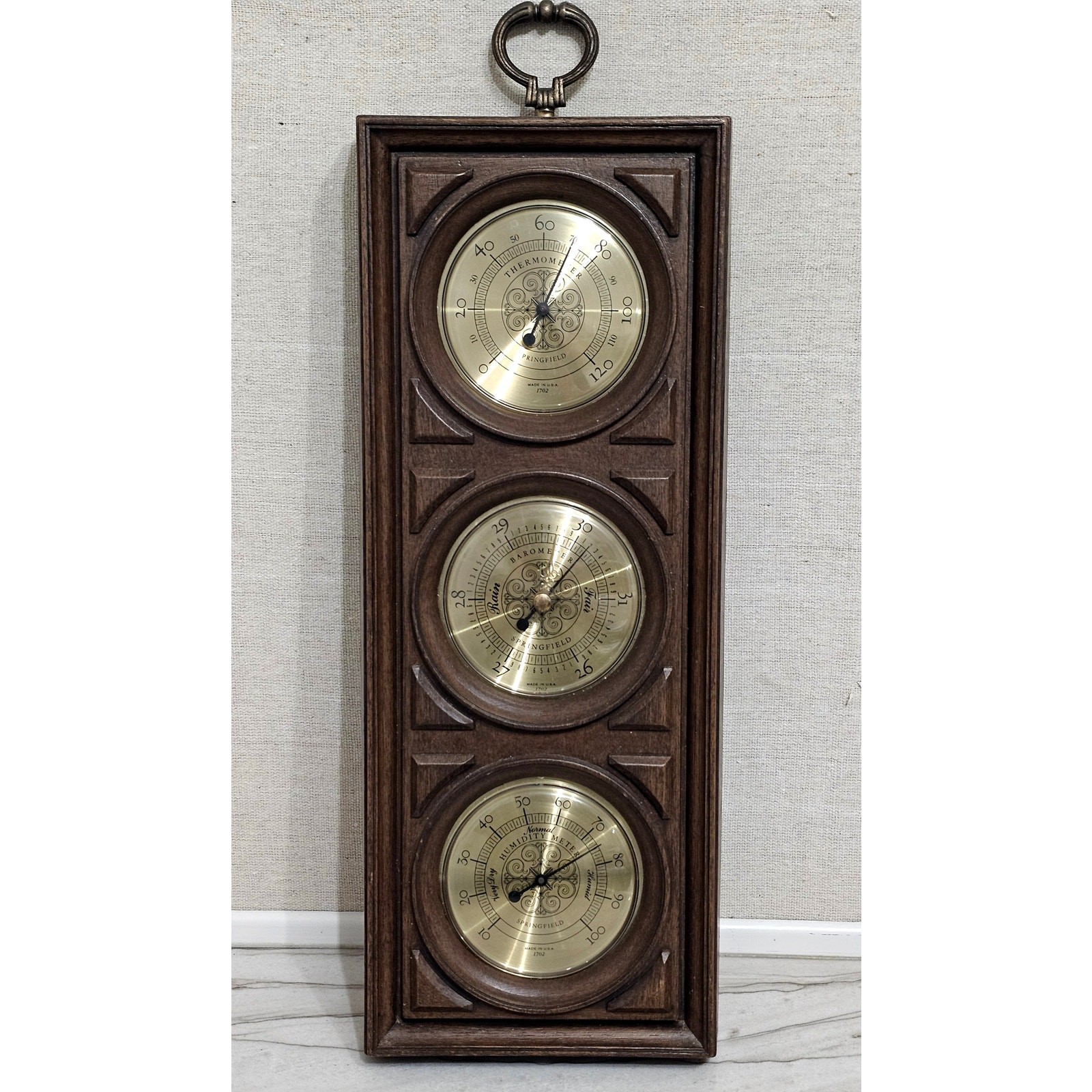 Vtg 1970s Springfield Faux Wood Wall Barometer Temp Weather Station #1702 USA