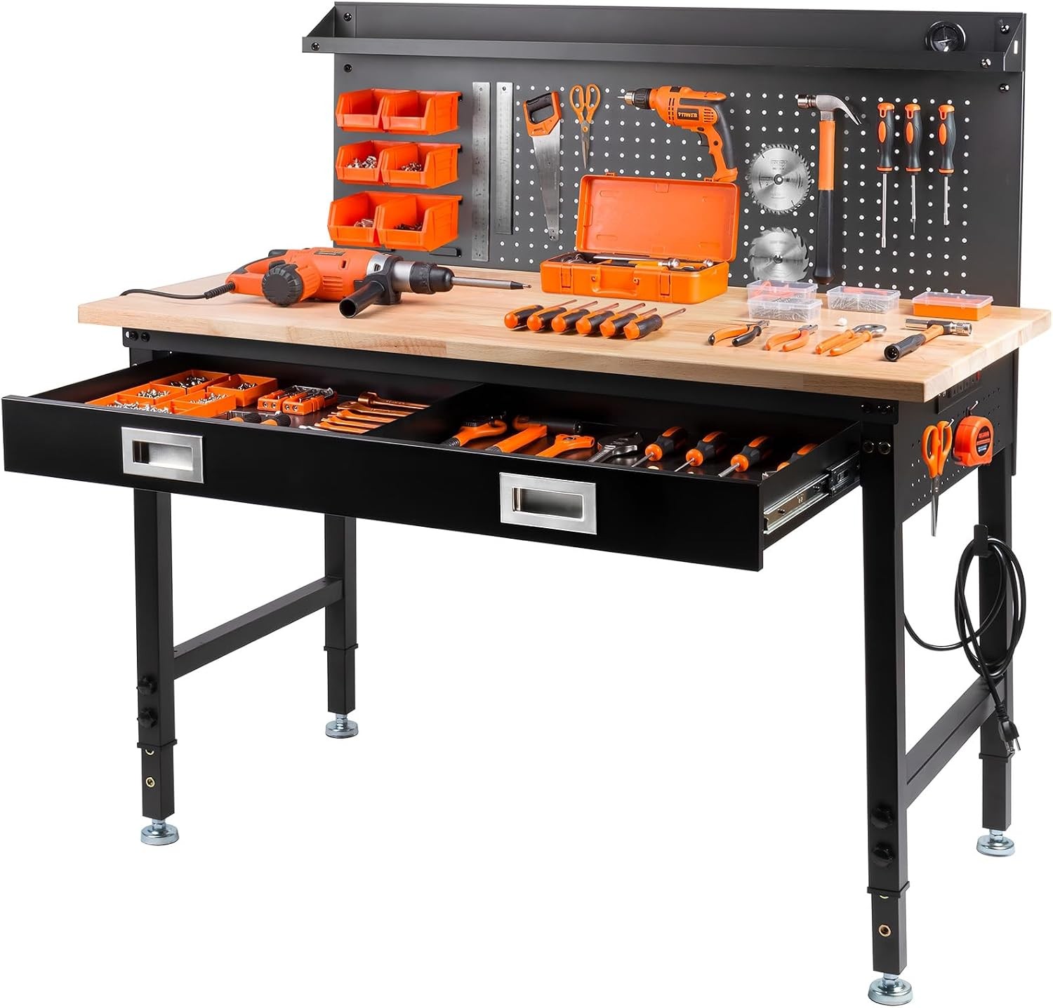 48" Adjustable Work Bench with Drawers Workbench for Garage with Strip Light