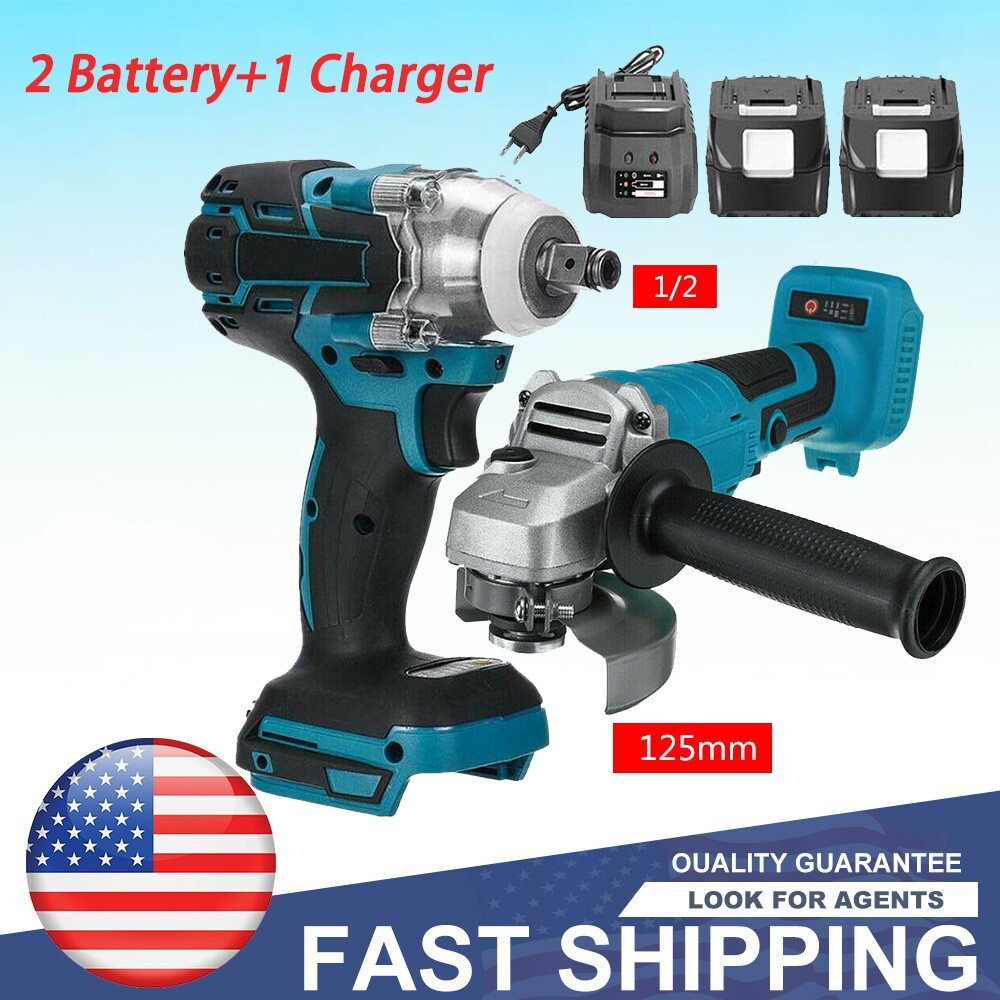 18V Tools Combo Kit 1/2" Impact Wrench 125 mm Angle Grinder+2 Battery For Makita