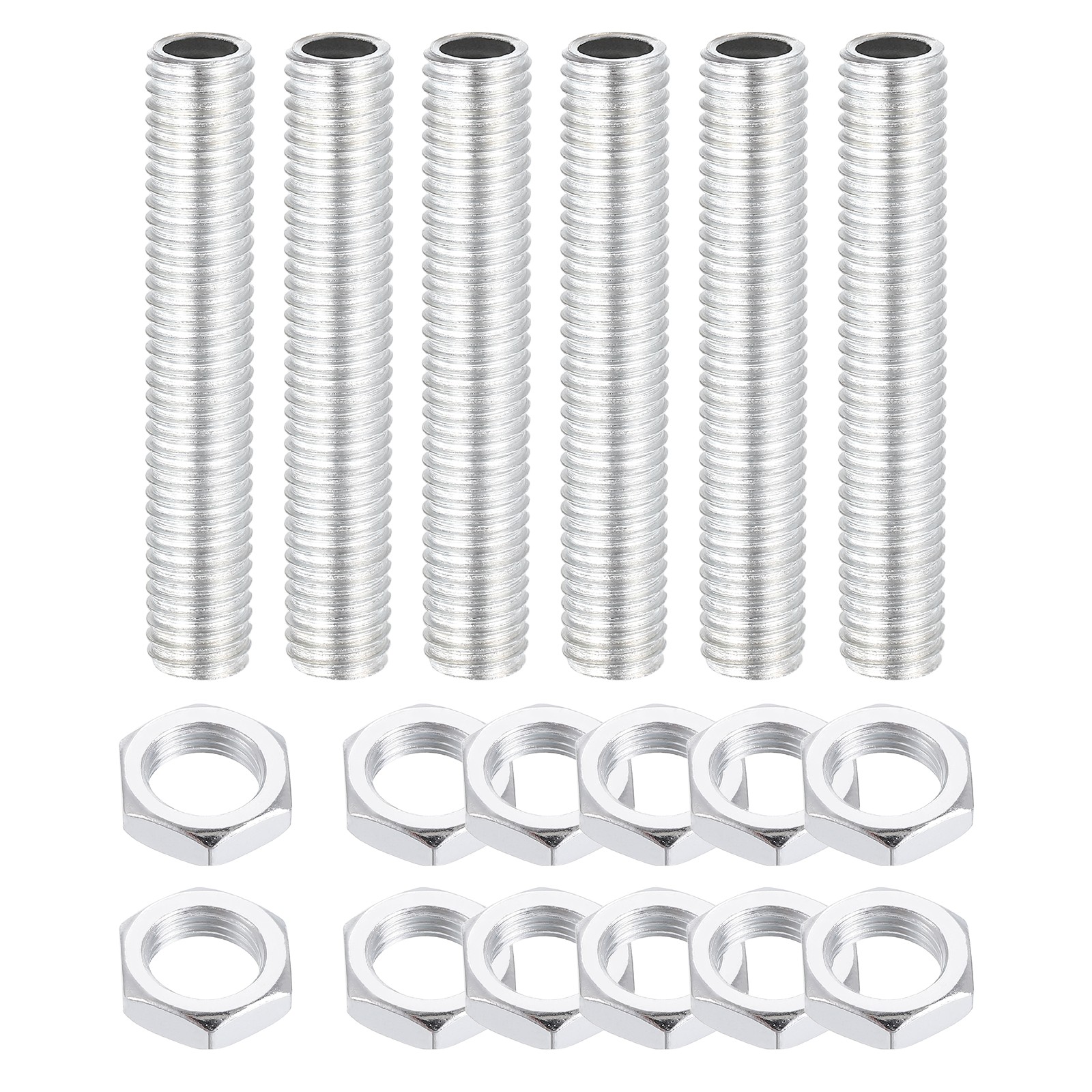 6Pcs M10x1.5 Coarse Threaded 2.4" Lamp Pipe Nipples Kit with Nuts, White Zinc