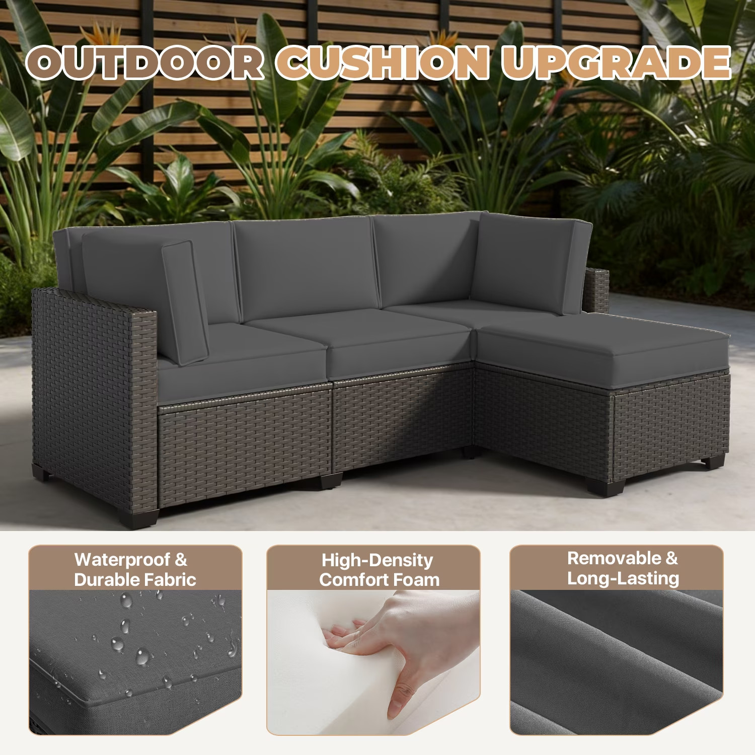 4-Person Dark Gray Outdoor Sectional Sofa Cushions, Waterproof Polyester