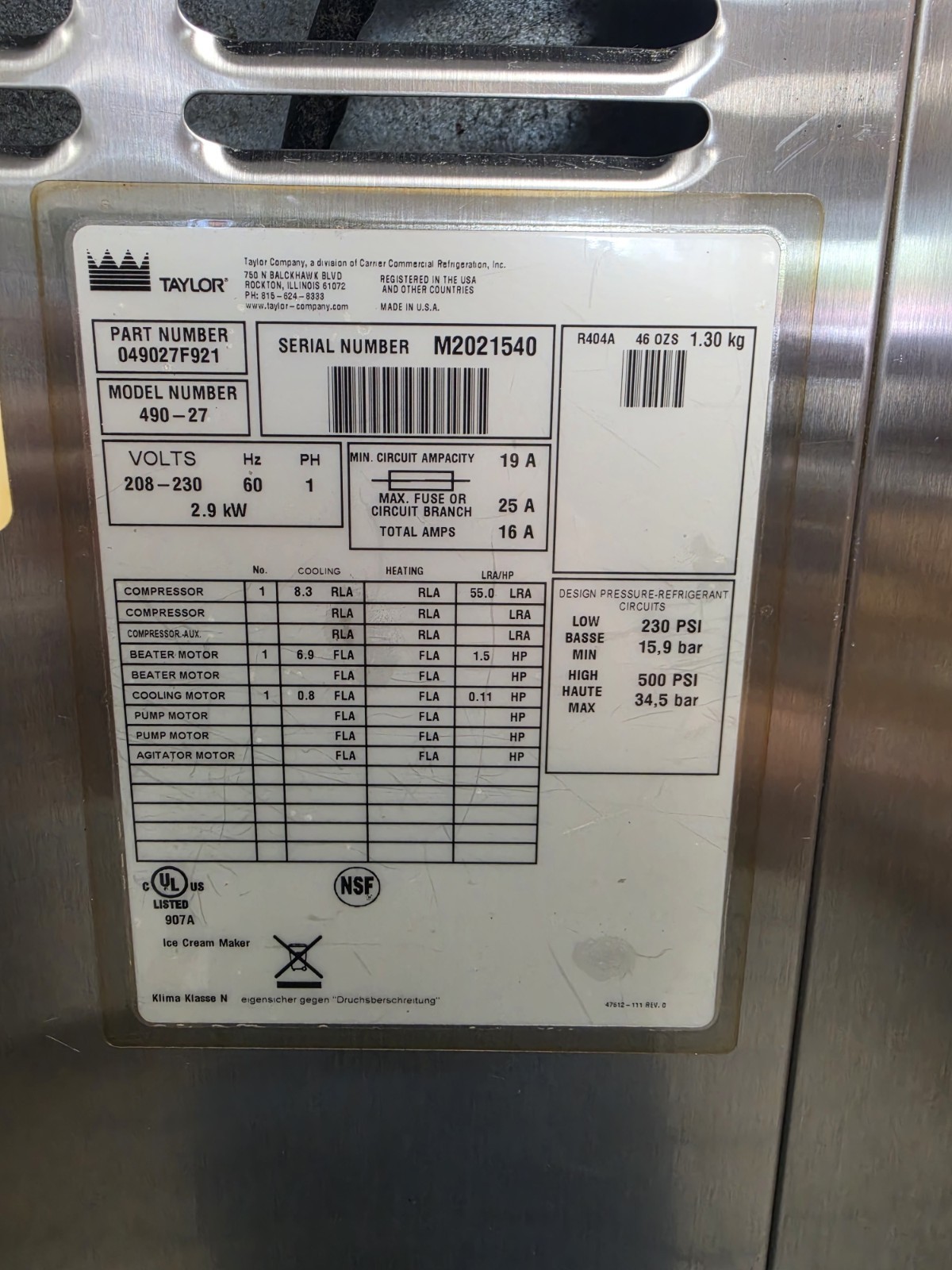 Taylor 490-27 Soft Serve Ice Cream Machine Countertop Stainless Steel Commercial