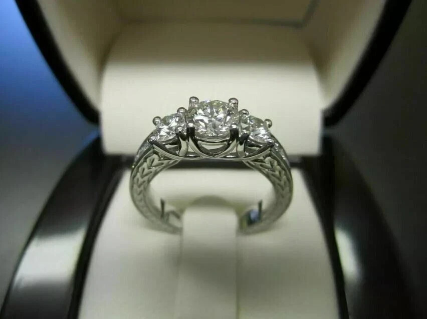 2.50 Ct Round Cut Real Moissanite 3 Stone Wedding Ring 14k White Gold Plated
