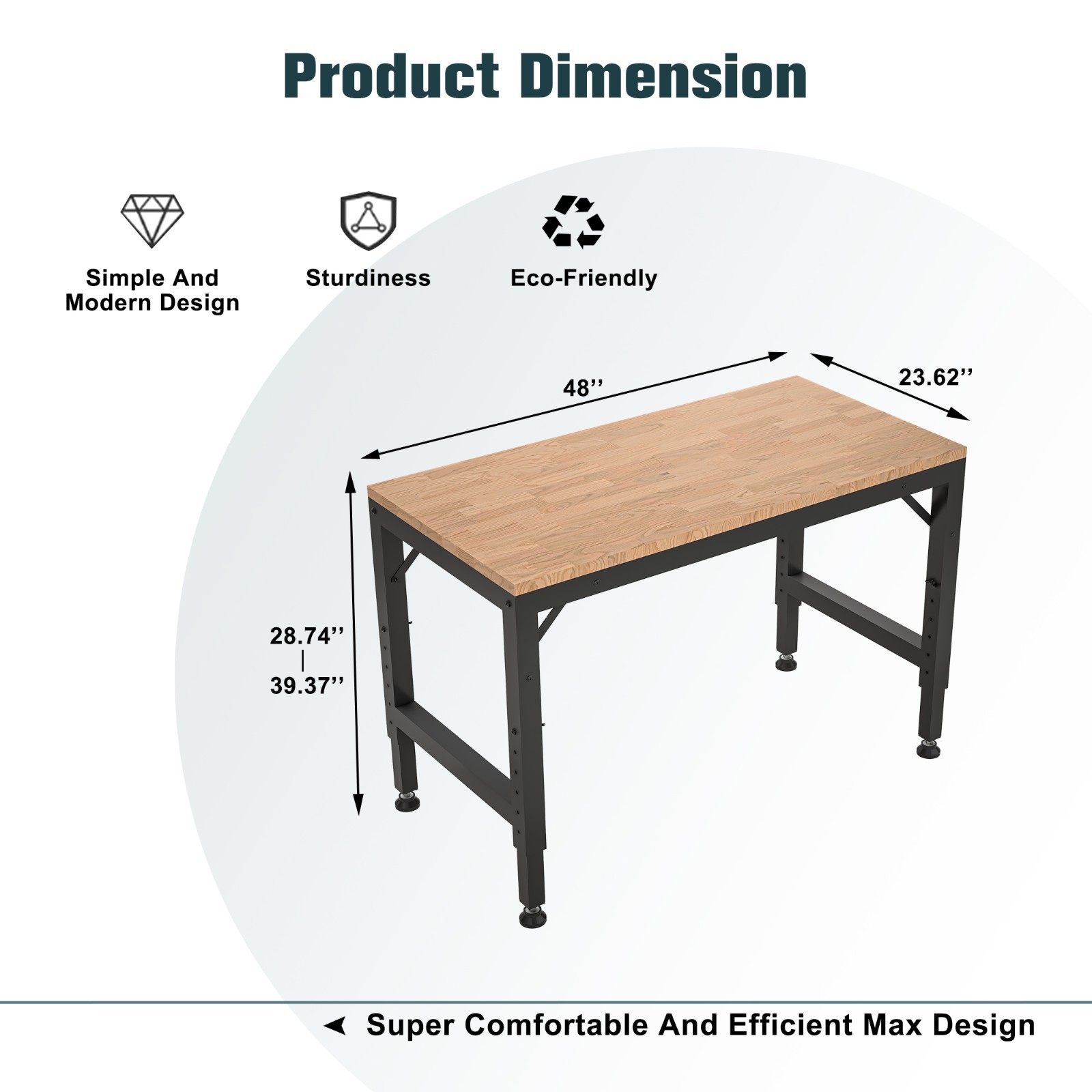 48" Heavy-Duty Adjustable Workbench 2000 lbs. Load Capacity Hardwood Workstation