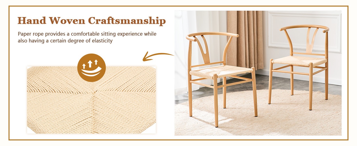 Modern Wishbone Dining Chair Iron Metal Farmhouse Woven Seat Set of 2