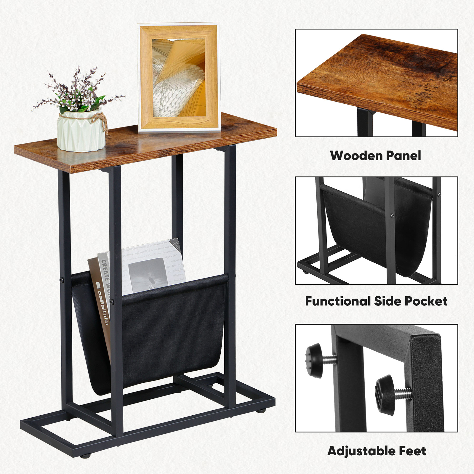 Narrow End Table Side Table with Magazine Holder Slim Bedside Tables for Bedroom