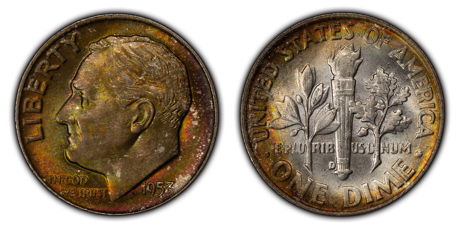 1953-D 10c Roosevelt Silver Dime - BU - PQ Neon Red Green Toning - SKU-Y4032